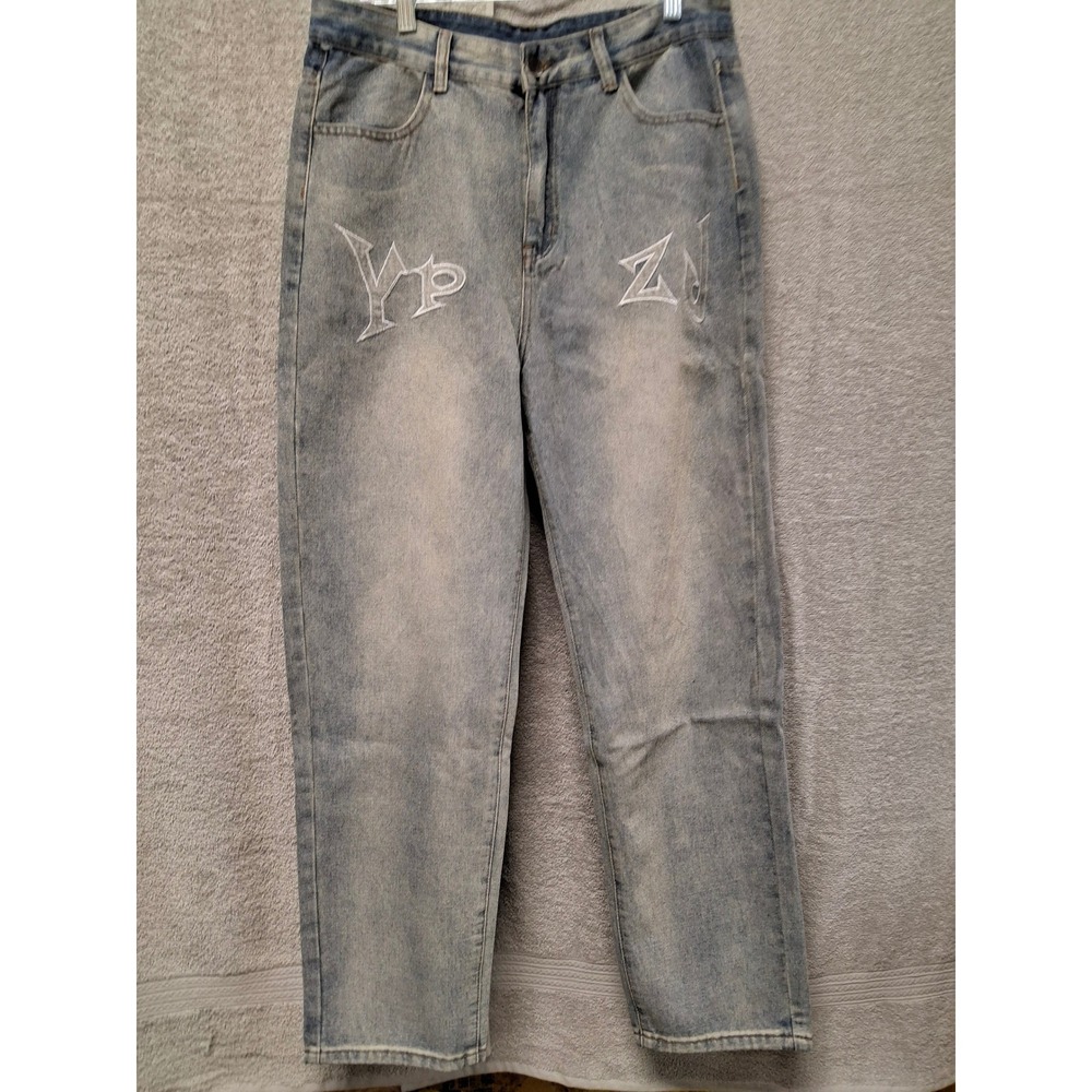 YP ZJ Embroidered Light Wash Straight Leg DenimJeans Mens 34Streetwear Faded(b4)